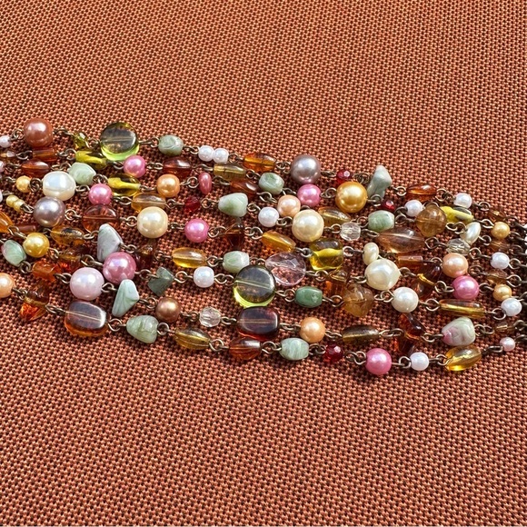 Bracelet 9 Strand Beaded Pink and Green Multi Strand Adjustable Chain Links 0775 - Picture 2 of 10